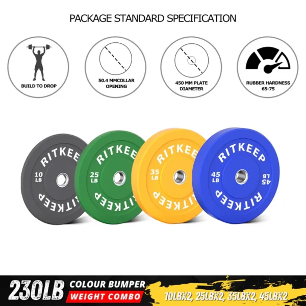 230/340 LB 2" Colored Bumper Weight Plate Set & Olympic Barbell Package - Image 6