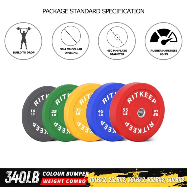 230/340 LB 2" Colored Bumper Weight Plate Set & Olympic Barbell Package - Image 5