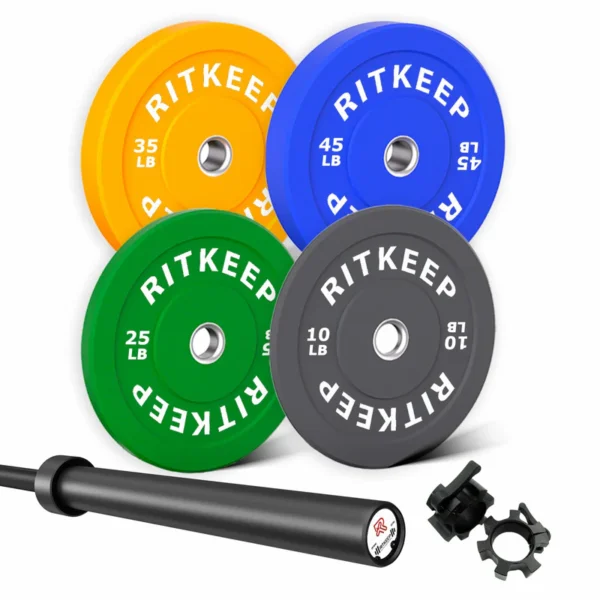 230/340 LB 2" Colored Bumper Weight Plate Set & Olympic Barbell Package - Image 3