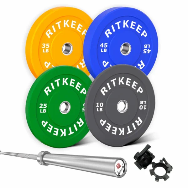 230/340 LB 2" Colored Bumper Weight Plate Set & Olympic Barbell Package - Image 2