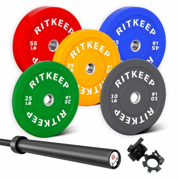 230/340 LB 2" Colored Bumper Weight Plate Set & Olympic Barbell Package - Image 8