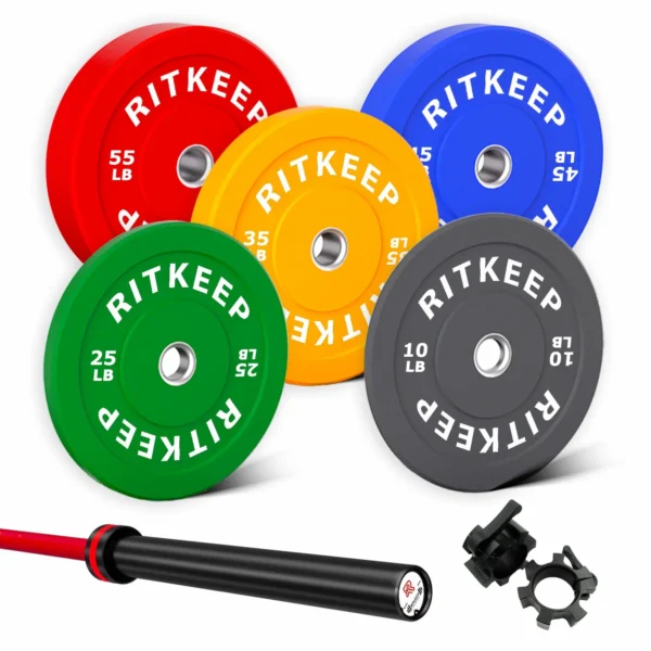 230/340 LB 2" Colored Bumper Weight Plate Set & Olympic Barbell Package